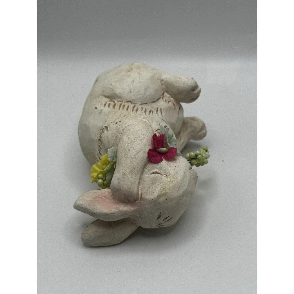 Vintage Bisque Rabbit Figurine w/ Fabric Flowers Sleeping Bunny Easter Decor